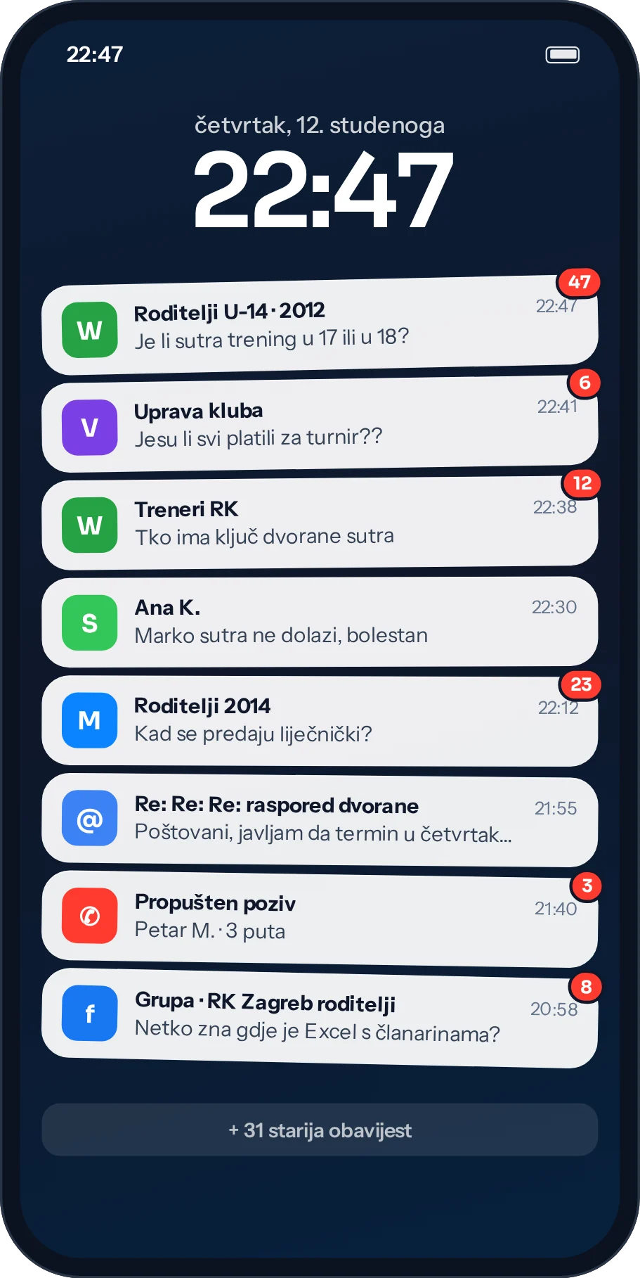 Zaključani zaslon telefona pun obavijesti iz WhatsAppa, Vibera, SMS-a i maila